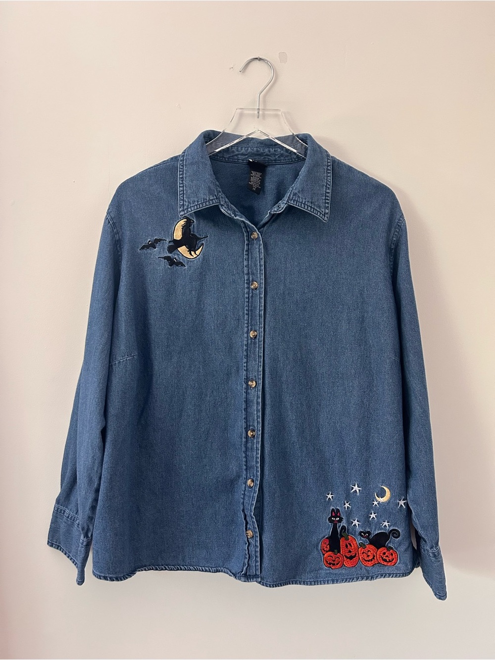 Vintage Holiday Editions Denim Halloween Button Front Shirt Pumpkins Sz 2X Cats